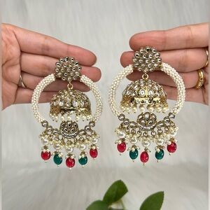 Premium Gold With Wine Green Pearls 2 in
1 Pachi Kundan Jhumka Earrings